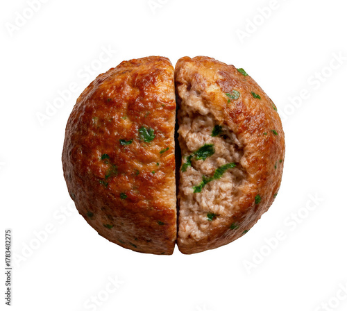 Close up overhead view of a single perfectly cooked golden brown meatball cut in half revealing its savory interior and herbs