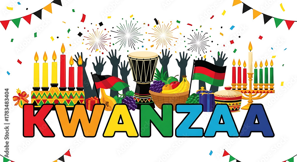 Obraz premium Vibrant kwanzaa celebration with kinara candles drums and african american cultural symbols