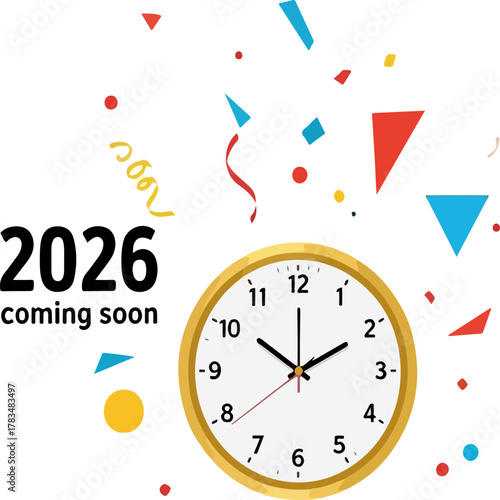 Image depicting the year 2026 with a clock and confetti, suggesting an upcoming event or deadline.