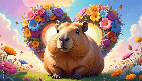 Fototapeta Naklejka Na Ścianę i Meble -  A cute, brown rodent-like creature with a sweet expression sits before a heart-shaped floral wreath, surrounded by a meadow
