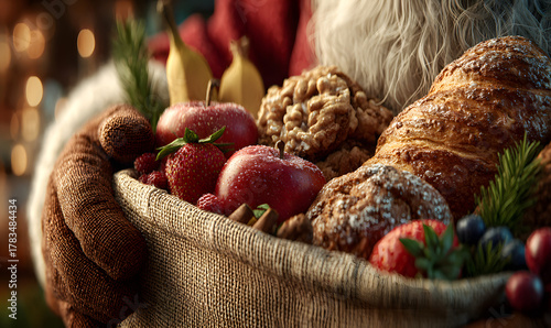 Santa's hand holding a bag full of food in supermarket