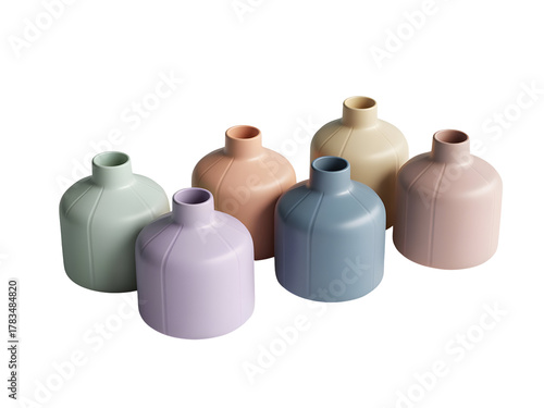 Collection of six modern matte textured vases featuring muted pastel colors isolated on a dark background