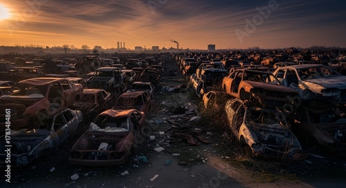Massive Car Junkyard at Sunset with Abandoned Vehicles and Industrial Smokestacks - Environmental Waste and Urban Decay Landscape