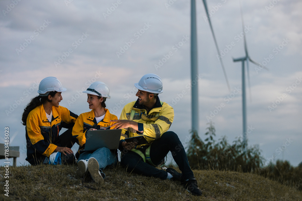 Fototapeta premium Group of engineers wearing safety helmets and uniforms working together outdoors at wind farm, using laptop and tablet for data analysis, teamwork and sustainable energy project planning.