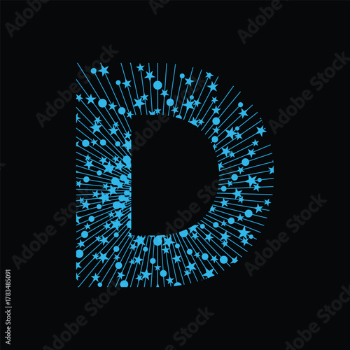 Abstract glowing blue digital letter d composed of luminous dots