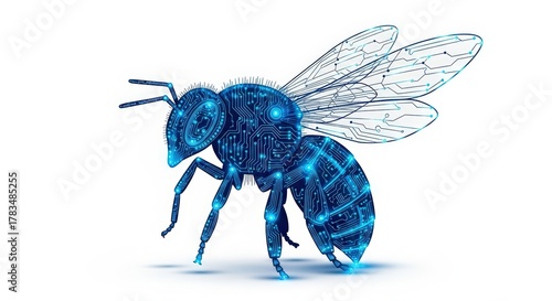 A glowing blue robotic bee with intricate digital circuits, symbolizing artificial intelligence and technology on a white background.