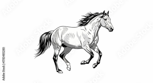 Stylized black and white illustration of a powerful horse