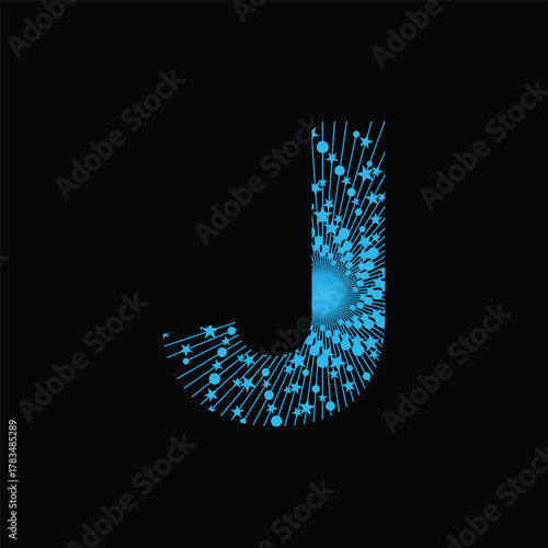 Digital letter j with glowing blue technology pattern background