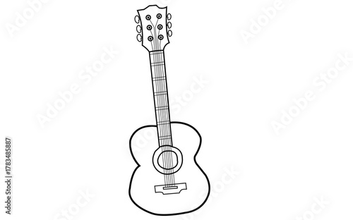 A black and white line drawing of an acoustic guitar, presented in a simple, cartoonist style against a white background.