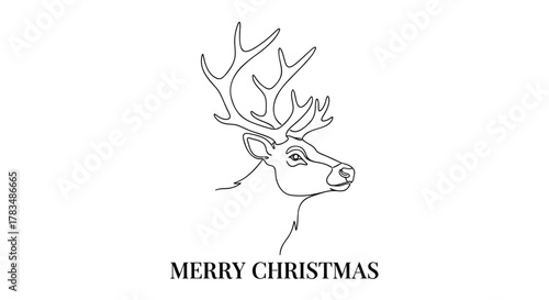Elegant single line drawing of a reindeer head with majestic antlers and the text merry christmas below