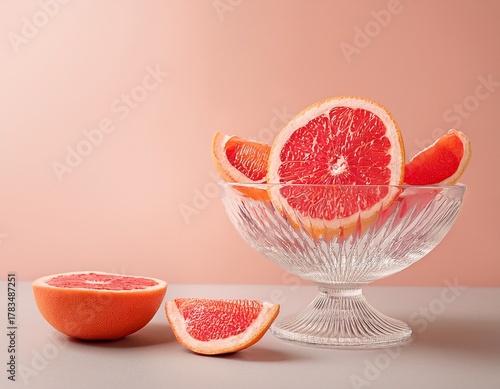 grapefruit pieces in crystal glass vase on pastel background with space for text minimalistic composition