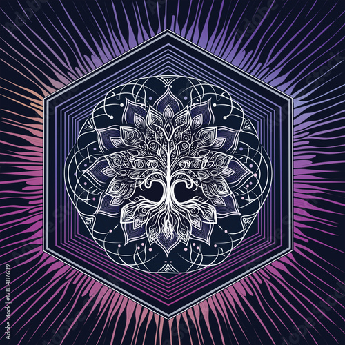 Tree Mandala – Roots of Cosmic. A radiant tree with flowing branches and roots blooms within a mandala and hexagonal frame—symbolizing growth, unity, and spiritual harmony in cosmic tones.