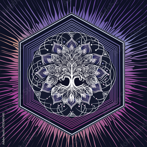Tree Mandala – Roots of Cosmic. A radiant tree with flowing branches and roots blooms within a mandala and hexagonal frame—symbolizing growth, unity, and spiritual harmony in cosmic tones.