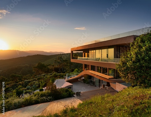 scenic hillside retreat showcasing modern architecture amidst lush greenery during golden hour