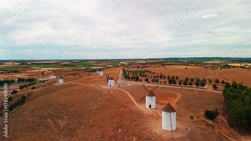 Aerial view of the windmills of Mota del Cuervo, Castilla-La Mancha, Spain.