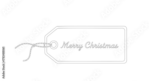 Simple line drawing of a gift tag with merry christmas written on it and tied with twine on a white background