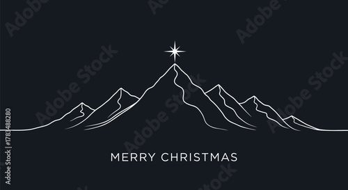 Minimalist white outline of mountains under a bright star with merry christmas text on a dark background