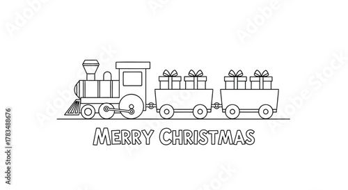 Simple line art christmas train delivering gifts with merry christmas text