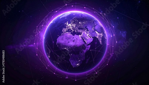 Digitally rendered purple Earth globe with network lines and nodes on dark background, symbolizing global connectivity and data exchange.