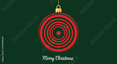 Minimalist merry christmas greeting card with a red concentric circle christmas ornament on a dark green background