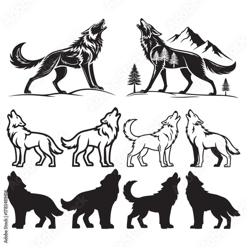 A collection of howling wolf illustrations with mountainous landscape elements
