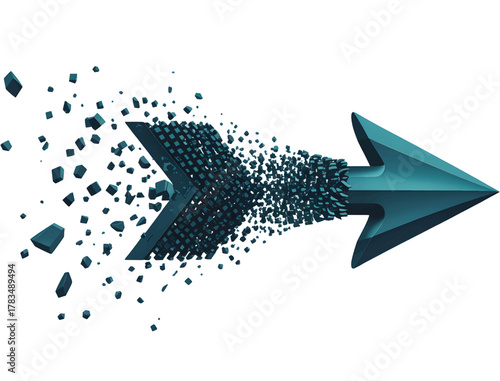 3D arrow shattering into particles, dynamic motion, transparent background