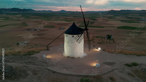 Aerial view of the windmills of Consuegra at night, Castilla-La Mancha, Spain.
