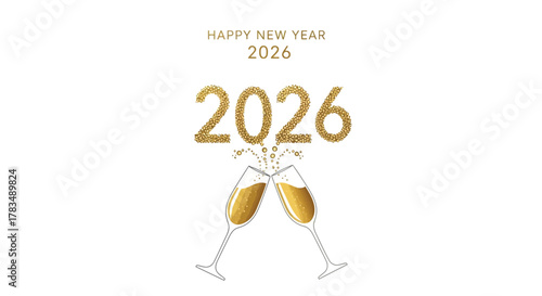 Happy new year 2026 celebration with golden bubbly champagne glasses clinking and the year formed by sparkling gold particles