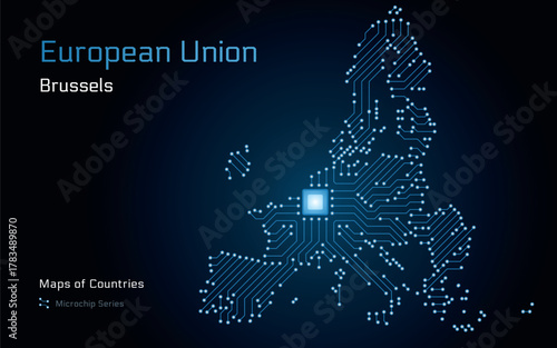 European Union map in microchip pattern with Brussels as the central chip