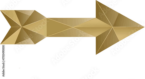 Abstract polygonal arrow icon with gold facets, floating, transparent background