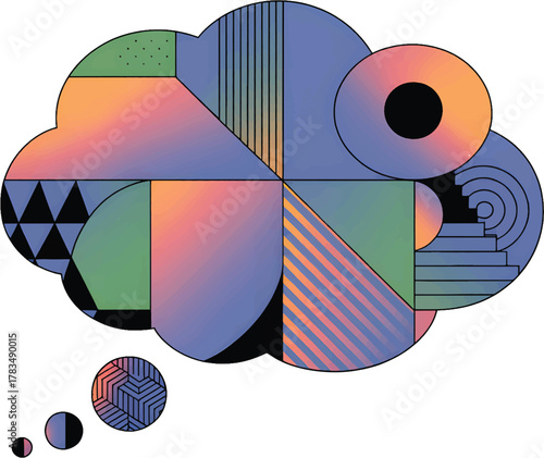 Abstract thought bubble with geometric patterns, creative thinking, gradient colors, transparent PNG