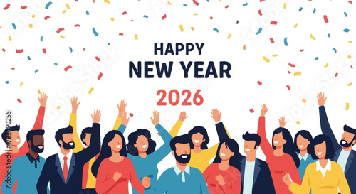 Diverse group of people celebrating and cheering with confetti in the air for happy new year 2026