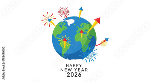 Happy new year 2026 celebrated with colorful fireworks exploding around the planet earth