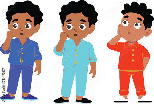 Surprised little boy in yellow clothes touching face, cute cartoon child expressing shock emotion, isolated vector illustration of amazed kid
