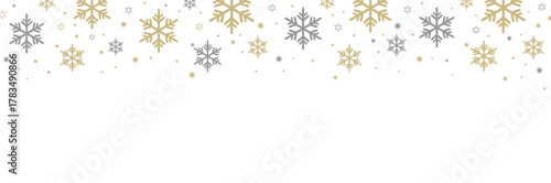Festive snowflake border design with gold and silver snowflakes, stars, and dots along the top edge. Blank white space below is ideal for holiday cards, invitations, and seasonal templates.