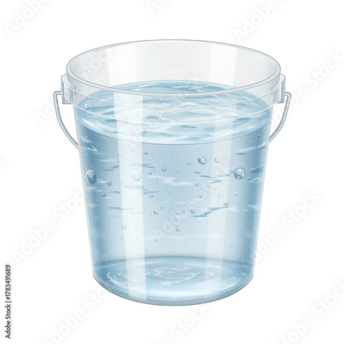 Clear plastic bucket filled with clean water isolated on transparent background