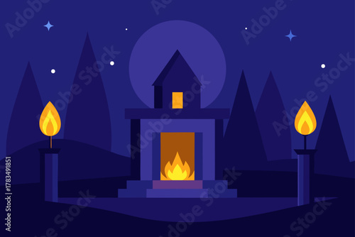 Stylized temple with glowing fire and torches in a serene night