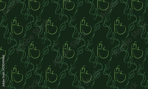 Seamless pattern of apple juice and apples on a green background. Vector illustration, doodle style. Healthy eating only. Can be used as a pattern for kitchen towels, dishes, or bed linens.