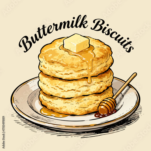 A delicious stack of warm, fluffy buttermilk biscuits topped with melting butter and drizzled with golden honey, a classic breakfast comfort food