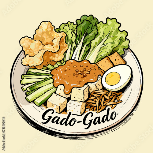 A vibrant illustration of gado gado a traditional Indonesian salad with mixed vegetables, tofu, egg, and a rich peanut sauce dressing