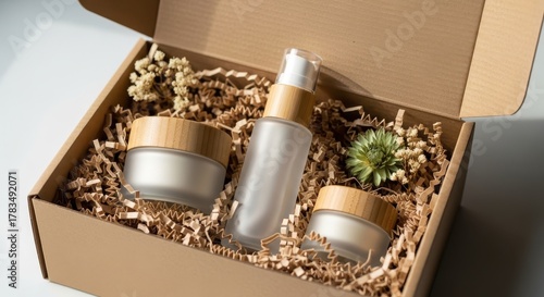 Eco-friendly skincare packaging with natural elements. Ai generation