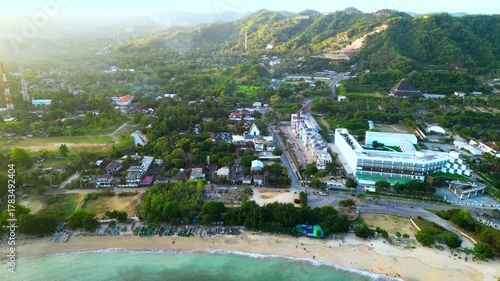 aerial pan shot of kuta town mandalika lombok island west nusa tenggara indonesia kuta lombok