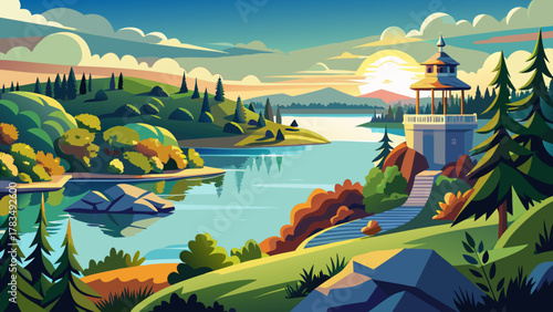 Very beautiful view from Lake Waban lookout in Wellesley, Massachusetts, USA, featuring calm water, surrounding trees, serene natural landscape, and a realistic scenic lakeside atmosphere.