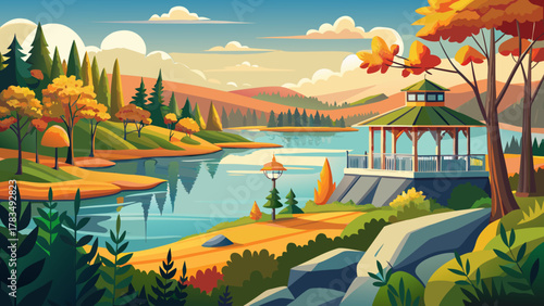 Very beautiful view from Lake Waban lookout in Wellesley, Massachusetts, USA, featuring calm water, surrounding trees, serene natural landscape, and a realistic scenic lakeside atmosphere.