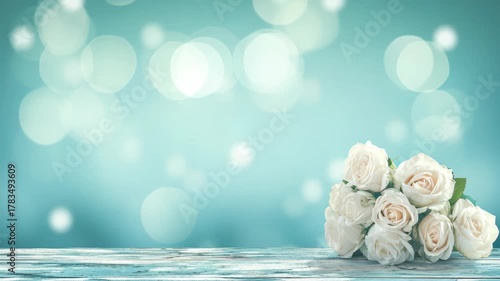 A bouquet of white roses is on a wooden table. The table is blue and has a blurry background