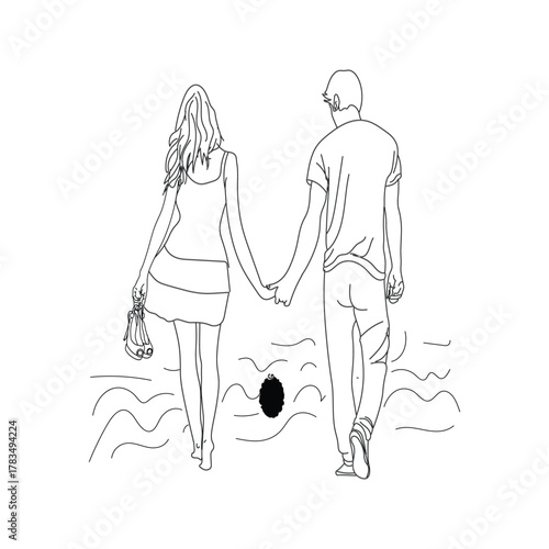 Romantic couple enjoying beach walk sharing love and dreams under warm evening sunset light