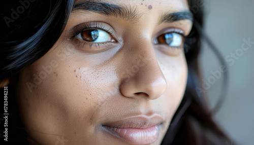 Beautiful brown-eyed woman with radiant skin and healthy complexion looking directly at you, a portrait of natural beauty and skin care concepts