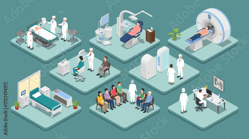 Doctor and patient isometric vector compositions showcasing medical consultations, examinations, and interactions, ideal for healthcare infographics, digital illustrations, education, and professional