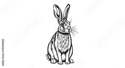Detailed black and white illustration of a sitting rabbit with long ears and whiskers