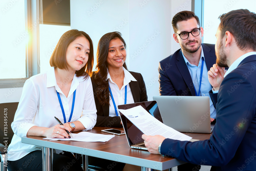 Fototapeta premium Group of young adult multiethnic business professionals discussing documents and using laptop during meeting, Asian woman and South Asian woman listening, Caucasian man speaking
